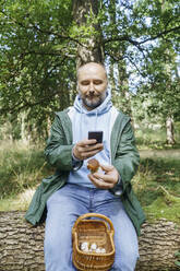Mature man photographing mushroom while sitting on tree trunk - KMKF01757