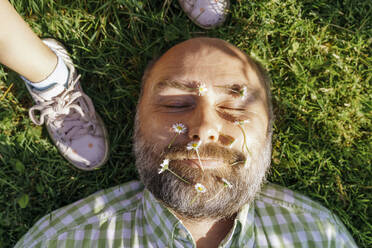 Mann mit Blumen im Gesicht liegt im Gras neben seiner Tochter - KMKF01768