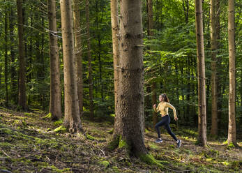 Junge Sportlerin beim Laufen im Wald - STSF03037