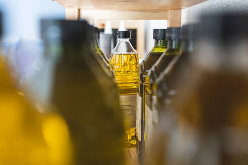 Olivenölflaschen auf dem Regal im Geschäft - JAQF00713