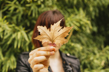 Woman holding autumn leaf in front of face - MGRF00494