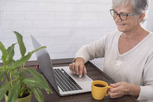 Lächelnde ältere Geschäftsfrau, die zu Hause am Laptop arbeitet - SIPF02367