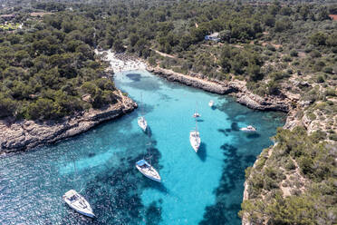 Spanien, Balearische Inseln, Mallorca, Luftaufnahme von Booten in der blauen Bucht von Cala Sa Nau - AMF09264