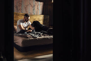 Man and Labrador Retriever on bed at home - VPIF04927