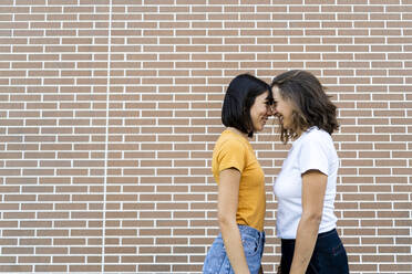 Young couple standing with face to face by brick wall - GIOF13538