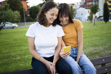 Happy lesbian couple using smart phone on bench - GIOF13567