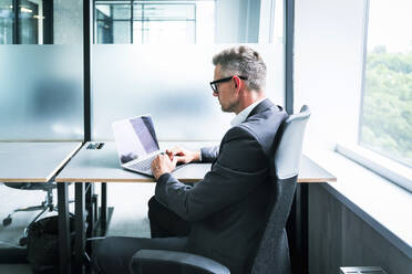 Male business professional using laptop while sitting on chair in office - OIPF01256