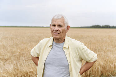 Älterer Mann mit Händen hinter dem Rücken auf einem Weizenfeld - EYAF01732