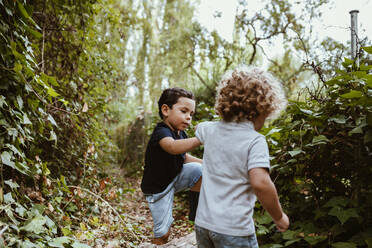 Boy helping male friend to stand on log in forest - MRRF01553
