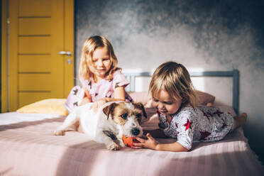 Schwestern streicheln Hund im Schlafzimmer - OMIF00085