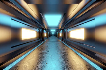 Dreidimensionales Rendering eines futuristischen Korridors in einem Raumschiff oder einer Raumstation - SPCF01563