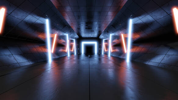 Three dimensional render of mysterious gate glowing at end of futuristic corridor illuminated by blue and orange neon lighting - SPCF01565