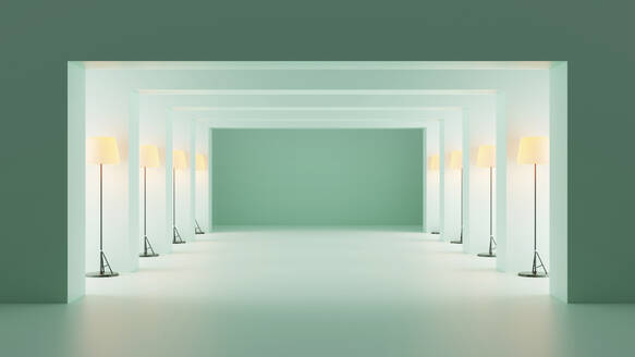 Three dimensional render of rows of floor lamps standing on both sides of green corridor - SPCF01575