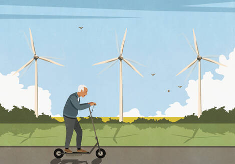 Ein älterer Mann fährt mit einem Elektroroller entlang von Windrädern auf einem Feld - FSIF05872