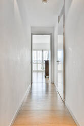 Enger Korridor mit weißen Wänden und Holzfußboden unter einer Lampe zu Hause bei Tageslicht - ADSF30755