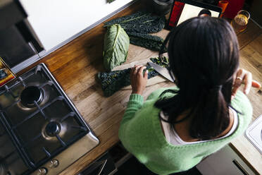 Woman cutting vegetables at kitchen counter - ASGF01605