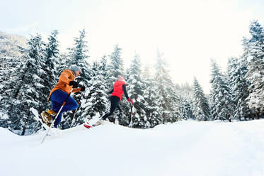 Man and woman walking while snowshoeing during winter - HHF05718