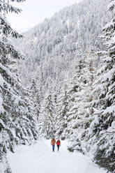 Man and woman walking amidst snowcapped trees during winter - HHF05724