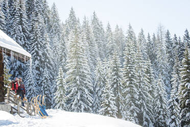Paar sitzt in der Nähe von schneebedeckten Kiefern im Winter - HHF05738