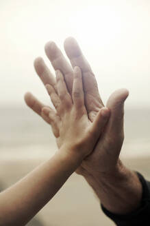 Girl doing high-five with grandfather - AJOF01654