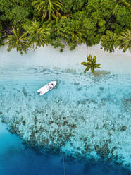 Malediven, Kolhumadulu-Atoll, Luftaufnahme eines Motorboots, das im Küstenwasser der Insel Kanimeedhoo treibt - KNTF06401