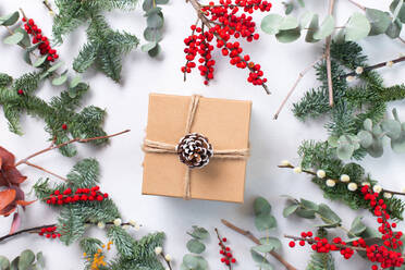 Weihnachtsdekoration auf weißem Hintergrund und ein eingepacktes Geschenk - MINF16409