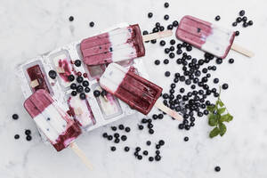 Hausgemachte Joghurt-Blaubeer-Popsicles auf weißem Marmor - GWF07186