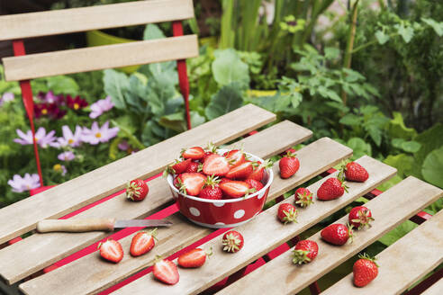 Schale mit frischen Erdbeeren auf dem Balkontisch - GWF07190