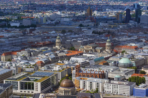 Germany, Berlin, Aerial cityscape of Mitte district with Gendarmenmarkt in middle - ABOF00724