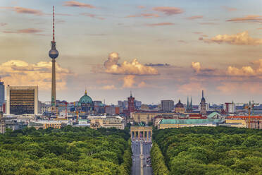 Germany, Berlin, Aerial view of Tiergarten park with city skyline in background - ABOF00741