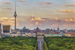Germany, Berlin, Aerial view of Tiergarten park with city skyline in background - ABOF00741