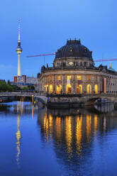 Germany, Berlin, River Spree canal and Bode Museum at dusk - ABOF00774