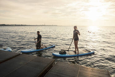 Male and female friends rowing paddleboard by pier in sea - MASF25695