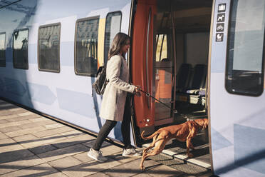 Junge Frau und Hund steigen an einem sonnigen Tag in einen Zug ein - MASF25797