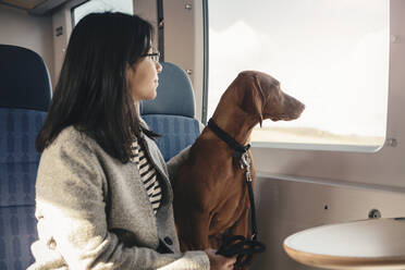 Seitenansicht einer jungen Frau und eines Hundes, die durch ein Fenster schauen, während sie in einem Zug unterwegs sind - MASF25800