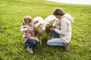Smiling mother and daughter stroking sheep in farm - DIGF16558