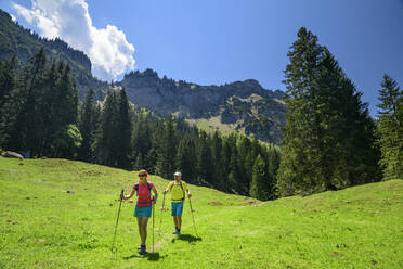 Männliche und weibliche Touristen beim Wandern in grüner Landschaft im Urlaub - ANSF00006