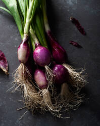 From above of fresh ripe purple onions with green stems placed on black table - ADSF31096