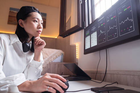 Side view of concentrated Asian female working on computer with charts showing dynamic of changes in value of cryptocurrency at convenient workplace - ADSF31120
