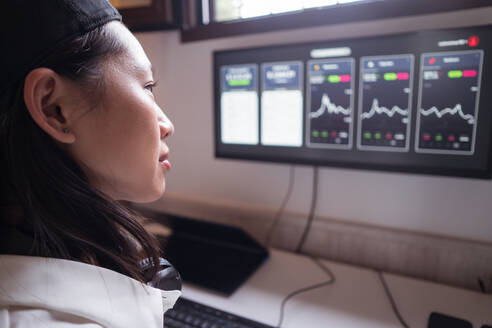 Side view of concentrated Asian female working on computer with charts showing dynamic of changes in value of cryptocurrency at convenient workplace - ADSF31121