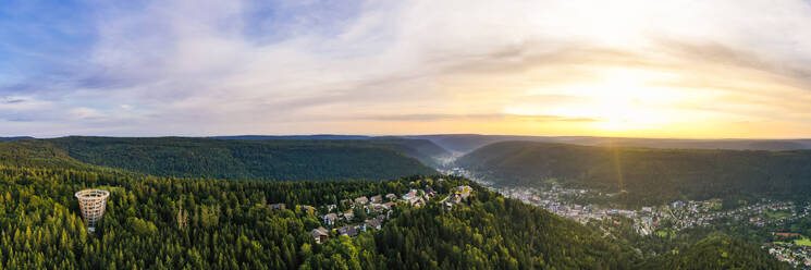 Germany, Baden-Wurttemberg, Bad Wildbad, Aerial panorama of Black Forest at summer sunset - WDF06621