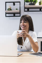 Happy businesswoman with laptop having coffee at restaurant - PNAF02450