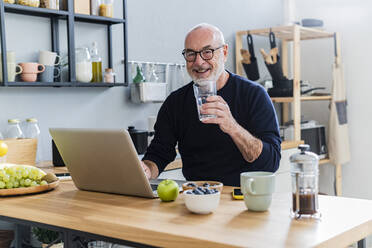 Smiling man with laptop holding drinking glass at kitchen counter - GIOF13845