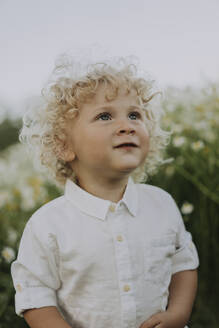Lächelnder kleiner Junge mit blondem Haar auf einem Blumenfeld - SSGF00025