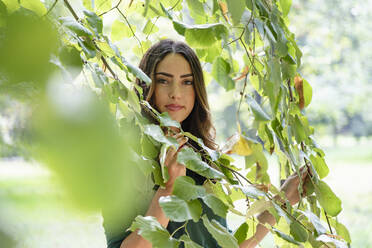 Beautiful young woman amidst branches at park - EIF02222