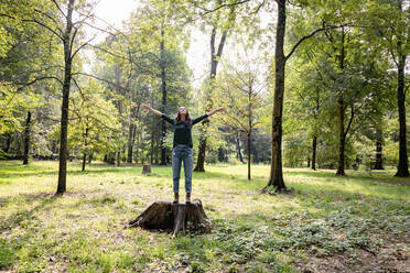 Frau mit ausgestreckten Armen auf einem Baumstumpf stehend - EIF02239