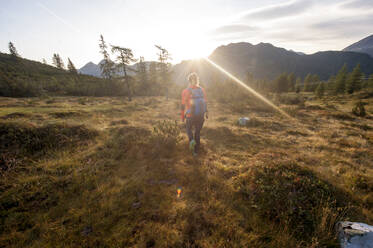 Junge Frau mit Rucksack beim Wandern im Wald - HHF05786