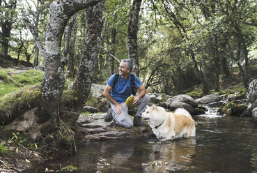 Lächelnder reifer Mann mit Akita-Hund im Wasser im Wald - JCCMF04235
