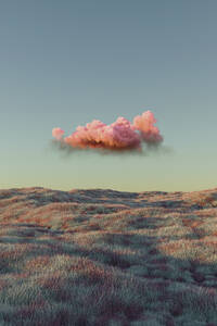 Three dimensional render of single pink cloud floating over grassy rolling landscape - JPF00434