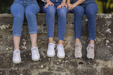 Female friends sitting on retaining wall - JPF00440